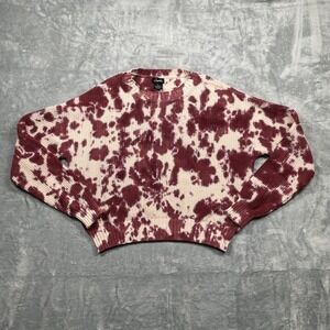 Justify Juniors Cropped Cow Print Tie Dye Knit Sweater Pullover Burgundy Cream L